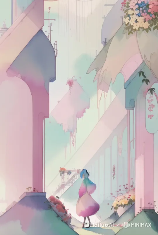 少女的身影，在水彩的城市中穿行 by Hailuo AI Video Generator
