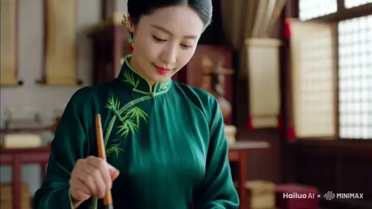 五官精致的旗袍女子，穿墨绿色绣竹旗袍，纤细腰身勾勒出曼妙曲线，低头在古书上书写毛笔字。  
镜头设计：
开场：从毛笔蘸墨水的细节切入，逐渐展现她优雅的手势。
中段：慢推至侧脸，特写细腻的肤质与微微上扬的嘴角。 
转场：远景镜头呈现书房的古典韵味。 by Hailuo AI Video Generator