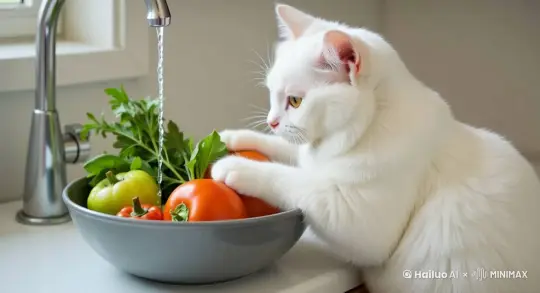一只白布偶猫用爪子在水盆里洗蔬菜 by Hailuo AI Video Generator