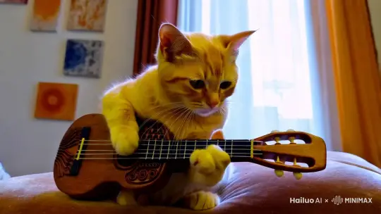一只黄色的小猫在温暖的房间里弹吉他 by Hailuo AI Video Generator