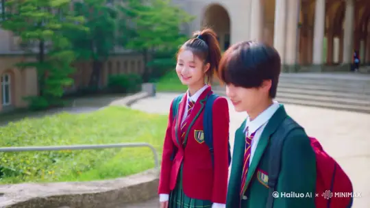 平静的校园，一个梳着高马尾的高中女生，对着喜欢的男生回眸一笑百媚生。 by Hailuo AI Video Generator