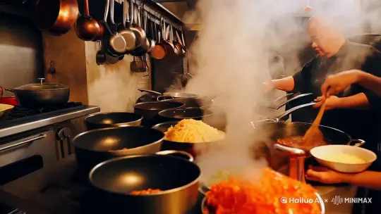 厨房里，各种锅碗瓢盆忙着做饭炒菜。烟雾缭绕。 by Hailuo AI Video Generator