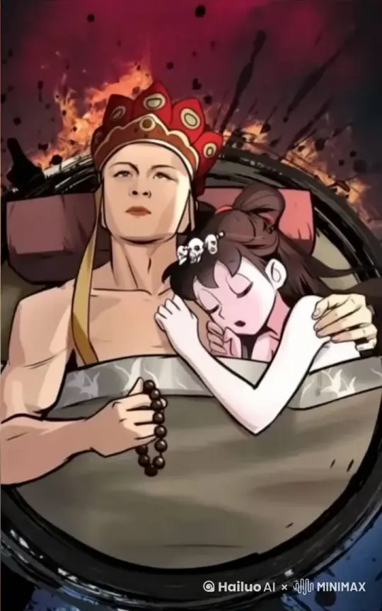 角色微动，衣物飘动，头发飘动，镜头运动，围绕中心主角放大移动，男主角在思考佛法，头上有金色丝状佛法经文涌动，女主角一脸潮红的拥抱着男主角，背景轻微爆炸烟雾飘动 by Hailuo AI Video Generator