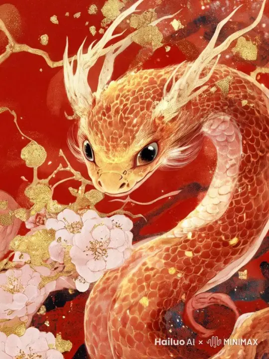 小蛇可爱的眨眼，花朵慢慢飘落着 by Hailuo AI Video Generator