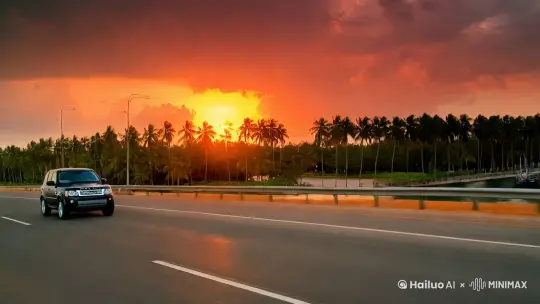 海边的公路上，一辆黑色的路虎神行者在行驶，公路边成排的椰子树，大海上帆船点点。落日染红了天边。写实风格。 by Hailuo AI Video Generator