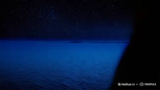 浩瀚无垠的星空下的碧波荡漾的蔚蓝的大海，过了一会儿，天空中升起了太阳，天空中划过一颗流星 by Hailuo AI Video Generator