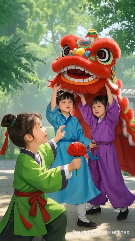 固定镜头，小孩舞动狮头，兴高采烈的打闹着 by Hailuo AI Video Generator