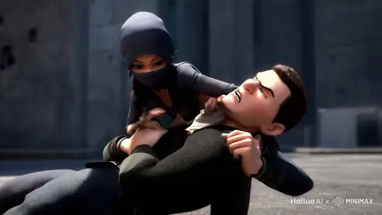 3d动画，3d动漫 ，3d anime， 
game cg，3drendering。  ，女忍者蹲在男人的肩膀上 ，女忍者使用双腿绞杀男人的脖子，男人双手挣扎的把女忍者扔出去。 然后女忍者顺势前空翻 落向镜头， 。然后 切换镜头 女忍者重重的着陆落地  特写聚焦女忍者落地下蹲的双腿，混凝土墙面的街道
 
  。  3d animation， by Hailuo AI Video Generator