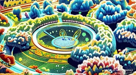 这是一个公园鸟瞰图，画面中有鸟群飞过，白色的路面上有行人在走动 by Hailuo AI Video Generator
