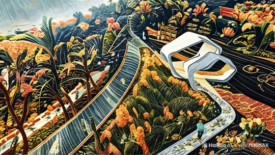 这是一个公园鸟瞰图，画面中有海鸥飞过，白色的路面上有行人在走动，远处有海浪在翻滚，风吹着树叶在晃动 by Hailuo AI Video Generator