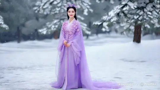 照片1：正面全身照

描述：

人物姿态：美人正面站立，双手自然下垂，眼神坚定而温柔，嘴角微微上扬，展现出一种从容不迫的气度。
服饰细节：淡紫色梅花图案的罗裙，外披淡紫色羽纱披风，披风在风中微微飘扬。头戴精致淡紫色水晶发冠，水晶在雪光中闪烁。
背景：银装素裹的冬日雪景，远处的松树被白雪覆盖，天空飘着细雪，营造出一种清冷而高雅的氛围。
照片2：侧面半身照

描述：

人物姿态：美人侧面站立，微微侧头，眼神望向远方，仿佛在思考或回忆。右手轻轻抬起，触碰一朵盛开的梅花。
服饰细节：罗裙和披风的细节在侧面更加明显，梅花图案在淡紫色布料上栩栩如生。
背景：近处的梅花树在雪中傲然挺立，背景是连绵的雪山，天空灰白，增添了一种孤寂的美感。
照片3：背面全身照

描述：

人物姿态：美人背对镜头，双手交叠在胸前，头微微低下，仿佛在沉思。披风在风中飘扬，显示出一种坚定的力量。
服饰细节：背部的梅花图案和披风的细节清晰可见，水晶发冠在雪光中闪闪发光。
背景：远山被白雪覆盖，天空飘着细雪，地面上的积雪反射出柔和的光线，营造出一种宁静而高雅的氛围。
照片4：特写脸部

描述：

人物姿态：美人脸部特写，眼神坚定而温柔，嘴角微微上扬，展现出一种从容不迫的气度。头发上的水晶发冠在雪光中闪烁。
服饰细节：梅花图案的罗裙领口和披风的边缘在画面中若隐若现。
背景：背景虚化，突出人物的面部表情和细节，梅花在画面边缘隐约可见，增添了一种自然的美感。
照片5：全身动态照

描述：

人物姿态：美人正在行走，步伐轻盈，双手自然摆动，眼神坚定而温柔，嘴角微微上扬，展现出一种自信和从容。
服饰细节：罗裙和披风在行走中飘扬，梅花图案在布料上栩栩如生，水晶发冠在雪光中闪闪发光。
背景：雪地上一串脚印，远处的梅花树在雪中傲然挺立，天空飘着细雪，营造出一种动态的美感。 by Hailuo AI Video Generator