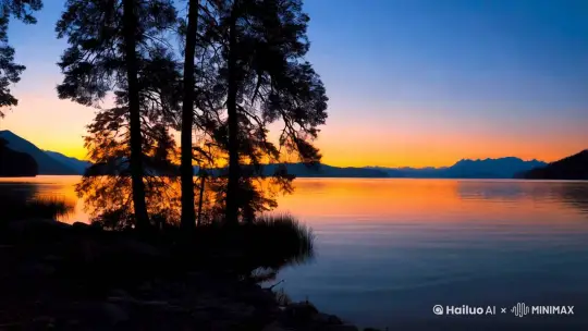 展现了一个宁静的湖边日落场景。画面中央是一片平静的湖水，远处的地平线上，天空被染成了橙色和蓝色的渐变色彩，显示出太阳正在落下。湖的对岸可以隐约看到连绵的山脉，增加了画面的深度。
 
在图片的左侧和中央，有几棵高大的树木，它们的剪影在夕阳的映衬下显得格外清晰。树木的枝叶在微风中轻轻摇曳，给人一种宁静而自然的感觉。树木的底部有一些模糊的黑影，可能是湖边的岩石或其他自然物。
 
在图片的左下角，有一个微弱的光源，像是一盏小小的灯笼或手电筒，发出柔和的光芒，为整个画面增添了一丝温暖。这个光源可能是露营者留下的，给人一种有人在附近活动的感觉。
 
整个场景充满了宁静和自然的氛围，夕阳的余晖、平静的湖水、摇曳的树枝和微弱的光源共同构成了一幅美丽的湖边日落图。 by Hailuo AI Video Generator