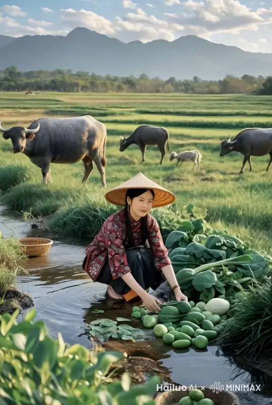 女子正在洗菜，时而低头洗菜，时而抬头微笑，小溪自然流动 by Hailuo AI Video Generator