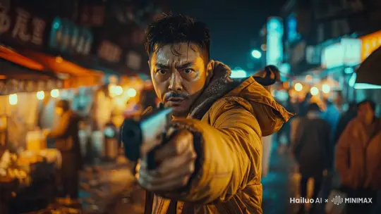 男人大叫着开枪射击，周围的人四散偷开 by Hailuo AI Video Generator