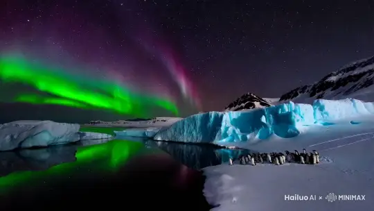 majestic aurora borealis, Antarctic glacier, emperor penguins silhouette, starry night sky, dancing lights, ice reflection, moonlit landscape, snow particles, aerial view, cinematic movement, ethereal atmosphere, natural phenomenon, polar night, crystal clear ice, dynamic light show, vast wilderness by Hailuo AI Video Generator