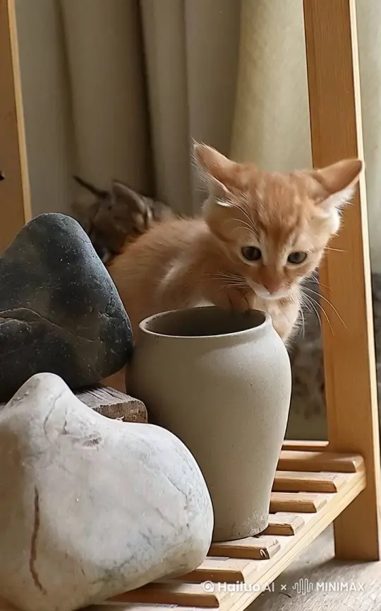 一只小猫在探索艺术，暖调的，镜头围绕猫转动 by Hailuo AI Video Generator