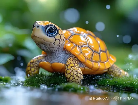 一只可爱的黄色乌龟在爬动，雨水，草地 by Hailuo AI Video Generator