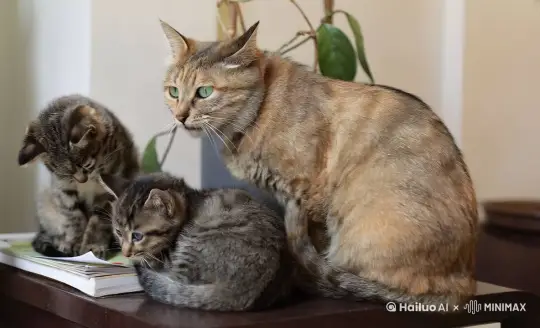 猫妈妈在指导两只小猫读书学习，猫妈妈表情严肃认真，小猫刻苦又不失顽皮，暖调的 by Hailuo AI Video Generator