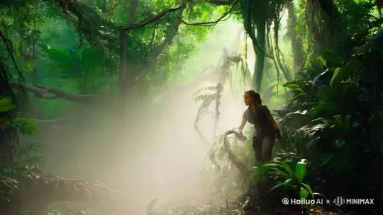 镜头穿过茂密的丛林深处，薄雾笼罩着整个场景，树影在雾中扭曲变形。一位女探险家挥舞着一把古老的短剑，小心翼翼地穿梭在藤蔓之间。镜头从她的肩后滑过，捕捉到她锐利的目光和敏捷的动作。她推开挡路的枝叶，露出一座隐藏在丛林深处的废弃寺庙，镜头缓缓上移，露出寺庙的全貌和她的身影。随着她一步步靠近，镜头推近她的背部，女人身上的汗水不断流下。 by Hailuo AI Video Generator