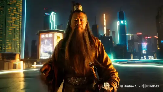 中国古代的仙人，背着宝剑，长须飘飘，衣袖飘逸，行走在具有中国传统特色的赛博朋克城市，总体画面人物突出、画面对比感强烈，画面细腻有质感，人物特写，镜头慢慢拉远，看到全景， by Hailuo AI Video Generator