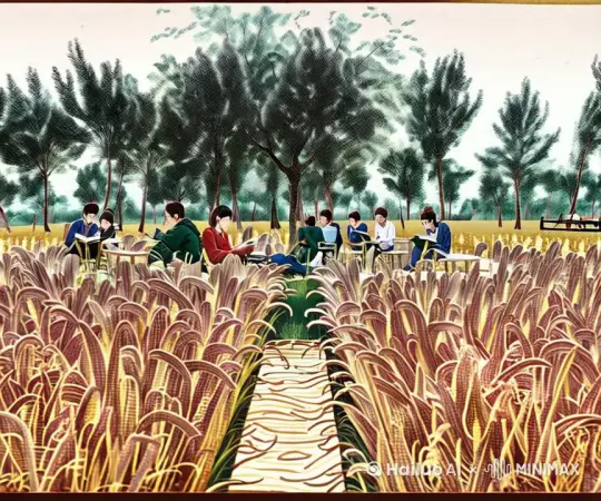 这是一个稻田公园，画面中有，风吹着树叶和水稻穗在晃动，人坐着翻页看书，远处有鸟飞过 by Hailuo AI Video Generator