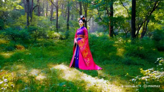 在郁郁葱葱的树林深处，一片阳光斑驳的草地上，一个古装美女变成一头梅花鹿。电影质感。 by Hailuo AI Video Generator