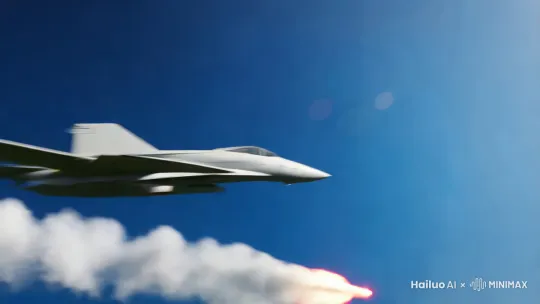 一个导弹从空中掠过然后一架飞机躲过了导弹然后一群蓝色人形瘦猫拿着枪正在射击一群黄色的龙 by Hailuo AI Video Generator