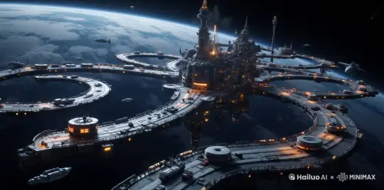 空间站里的灯，零星有些闪烁，飞船在飞行，镜头缓缓推进 by Hailuo AI Video Generator