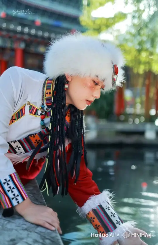 慢镜头下，一个美丽好看的穿着藏族衣服的女孩，伸手去水面上摸，阳光照亮水面闪烁着光辉。 by Hailuo AI Video Generator