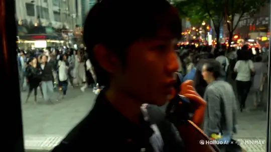 我继续握住听筒抬起脸来,看着电话亭的四周。如今我在什么地方?我不知道那是什么地方。我猜不着。到底这里是哪里?映入我眼帘的只是不知何处去的人群,行色匆匆地从我身边走过去。而我只能站在那个不知名的地方,不停地呼唤阿绿的名字。 by Hailuo AI Video Generator