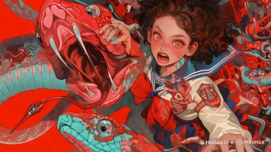 女孩身体向前探，毒蛇缓缓游动 by Hailuo AI Video Generator