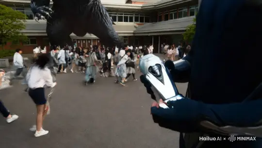 怪兽降临，学校里面的人仓皇而逃，唯独我从口袋里拿出迪迦变身器，在全校目光中去应敌 by Hailuo AI Video Generator