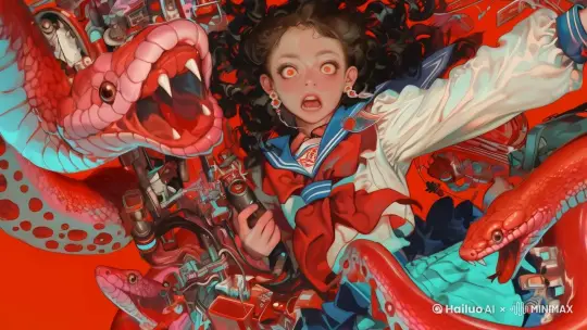 女孩与蛇一起坠落，失重状态，高速摄影 by Hailuo AI Video Generator