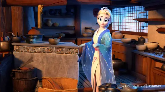 3d动画，3d动漫，3d anime。一开始 elsa和服 走过来做饭，急忙，手忙脚乱。然后  史莱克抱着婴儿 走进镜头，carry baby in arms 。然后走过来一个女人 merida 是西装，  merida把手臂搭在史莱克的肩膀上  ，然后 merida给婴儿喂奶。 3d animation，3d rendering ，game cg  。 3d animation，  by Hailuo AI Video Generator