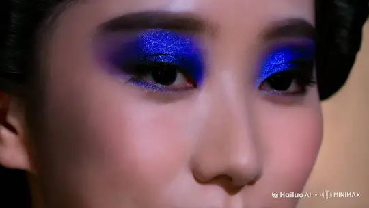 孟婆的妆容精致而独特，透着神秘的气息。
 
她的眼影晕染着深邃的幽蓝色，宛如深夜中静谧的湖水，又似无尽的冥河之水，泛着微微的波光。那蓝色从眼角处逐渐加深，向眼尾延展，仿佛要将人卷入那未知的幽冥深处。在眼影的边缘，精心勾勒着一抹淡淡的黑色线条，使她的眼神更具深邃和神秘。
 
眼角处，点缀着细碎的银色亮片，如同闪烁的星辰，又似泪光点点，在昏暗中闪烁着微弱而迷人的光芒。
 
她的眉毛细长而弯曲，如同弯月一般，颜色如墨，勾勒出一种坚毅而又柔美的弧度。
 
双颊微微泛着一抹淡淡的红晕，那是一种近乎透明的粉色，仿佛是来自地府深处的幽光映照在她的脸上，增添了几分温柔与生气。
 
嘴唇涂抹着暗紫色的唇彩，如同熟透的桑葚，散发着诱人的魅力。唇形饱满而优美，微微上扬的嘴角，带着一抹似有若无的浅笑，既神秘又迷人。 by Hailuo AI Video Generator