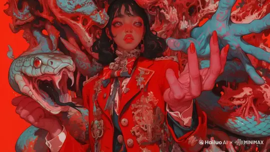 女孩双手抱拳闭眼做祈祷的姿势，周围的毒蛇看着她 by Hailuo AI Video Generator