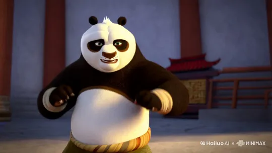   3d动画，3d动漫，3d anime。  ，Kung Fu Panda，po，阿宝开始打拳 发光的火龙在阿宝的后背环绕 发光的丝带环绕手臂 。然后阿宝向前出拳 punch ，然后 发光的火龙顺势离开手臂 冲向镜头。，然后 elsa走过来  elsa双手把po按倒在椅子上。 3d animation，3d rendering ，game cg  。 3d animation，  by Hailuo AI Video Generator