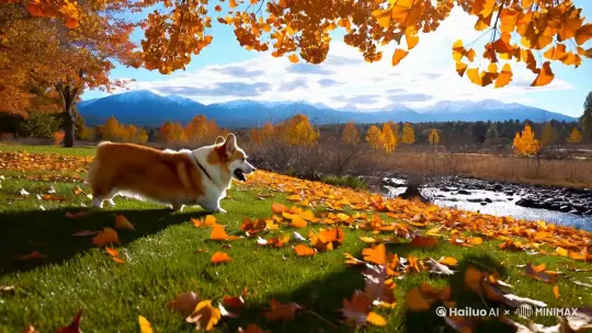 一只可爱的柯基犬摇着尾巴走在铺着枯叶的草地上金色的阳光洒满大地，背景是银杏树蓝天白云雪山和涓涓细流 by Hailuo AI Video Generator