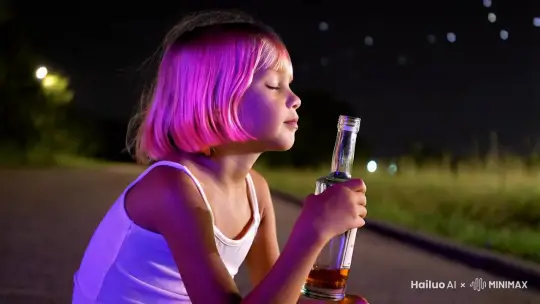 夜晚昏暗的灯光下，一个情绪失落的女孩坐在马路上的角落里，侧脸抬头看向天空闭着眼睛，波波头粉色短发吹在脸颊上，全身照，自然妆容，手里拿着一瓶酒仰头在喝，喝两口停一会又继续喝，透露着一股自然和不羁，背景是虚焦的野外，依稀有零星的灯光闪烁，天空偶尔有流星划过，酒瓶不要变形，脸部不要变形，保持角色一致性，高画质，获奖摄影作品 by Hailuo AI Video Generator