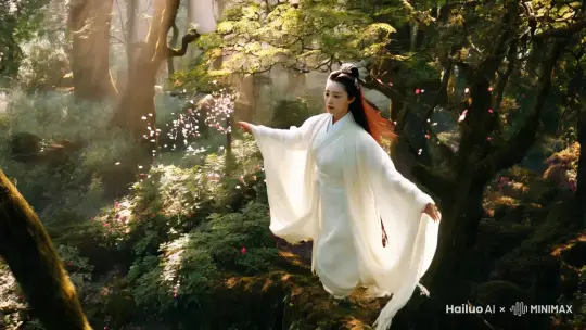 “一位身姿曼妙的中国古风女子,穿着白色汉服,飘逸的头发,仙女下凡一样,在神秘的森林上空快速飞行,航拍视角追踪。阳光透过树叶洒下斑驳的光影,她表情坚定,身后有飞舞的花瓣,仿佛在寻找隐藏在森林深处的古老宝藏。 by Hailuo AI Video Generator