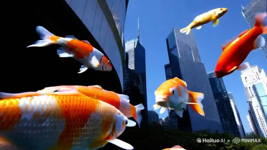 8K高清，HDR，摄影机在低处仰拍，一群锦鲤在空中飞，周围是现代都市的高楼。 by Hailuo AI Video Generator