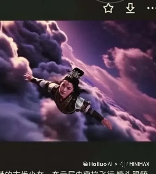 一个身穿古装的古代少女，在张家界上空云层中穿梭飞行,镜头跟随， fpv视角，云层滚动，镜头冲击力强，镜头穿梭，第一视角，高速飞行，动态模糊，紫色闪电，影视拍摄效果。 by Hailuo AI Video Generator