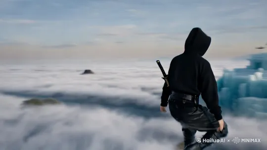 一位头戴纯黑色帽衫帽子的少年，穿黑色军裤和黑色皮鞋，背后背一把带黑色宝剑的，飞翔在云海之上，云海上有一座特别恢弘的冰雕材质的中国古代宫殿，动作流畅。经、镜头跟随，云海下是长白山天池 by Hailuo AI Video Generator