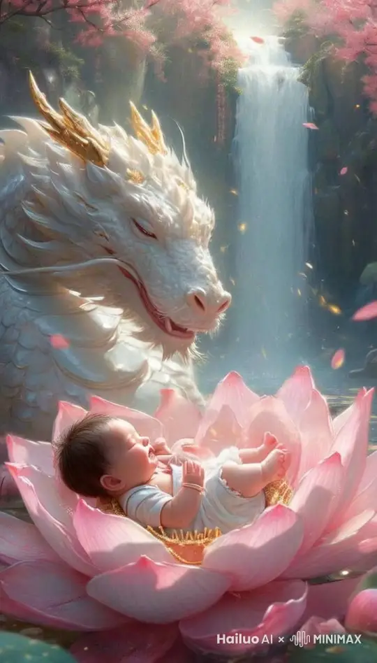 婴儿笑起来手舞足蹈，旁边白龙嘴巴贴近婴儿脸蛋 by Hailuo AI Video Generator