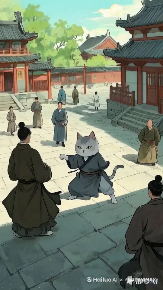 猫咪使用中国功夫 攻击面前的人，双方展示中国功夫 by Hailuo AI Video Generator