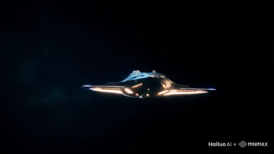 一艘造型流线、未来感十足的太空飞船，在深邃黑暗的宇宙中缓缓飞行。镜头采用全景，从飞船下方缓缓上升，展现出飞船与星辰的对比。飞船的灯光在宇宙的背景下显得格外明亮，周围星星点点，营造出一种神秘而宁静的氛围。整个画面以深蓝色和黑色为主色调，辅以飞船的银白色光泽，给人一种遥远而宁静的宇宙之旅的感觉。 by Hailuo AI Video Generator