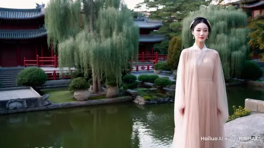 假设你是一个性感的苏杭美女，穿着材质透明的裙子，在苏式园林的建筑群旁边妩媚的看着我，高清画质，视角平视，光线柔和。 by Hailuo AI Video Generator