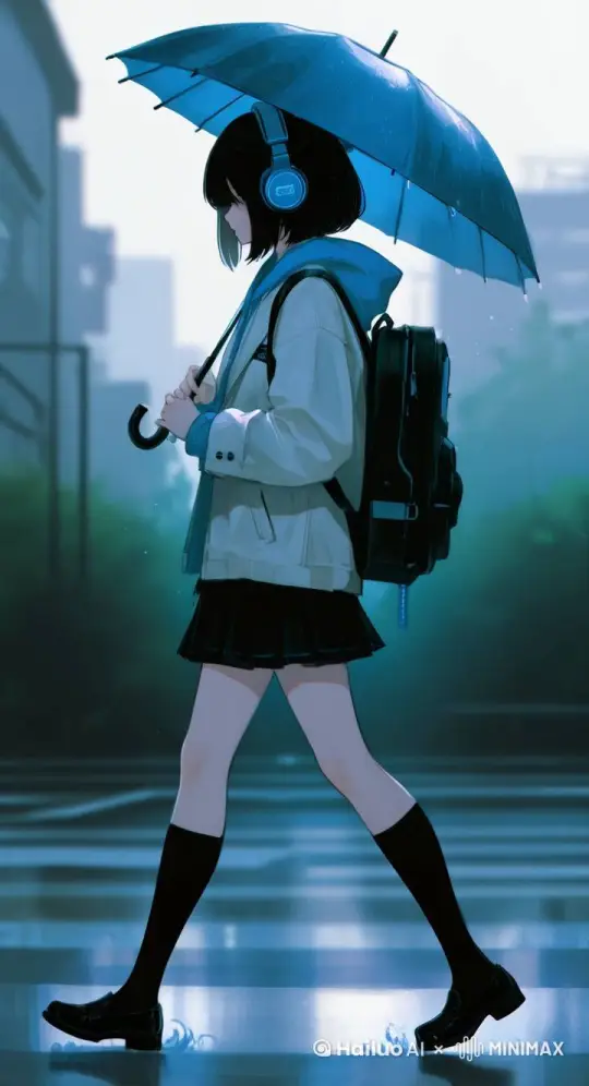 女孩儿在雨中走着，镜头一直跟随女孩儿。 by Hailuo AI Video Generator