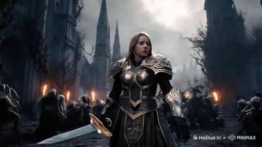 一个人类女圣骑士在斯坦索姆于亡灵战斗中，魔兽世界风格 by Hailuo AI Video Generator