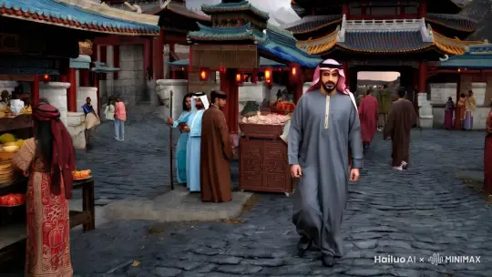 一个沙特阿拉伯人漫步在唐朝的大街上 by Hailuo AI Video Generator